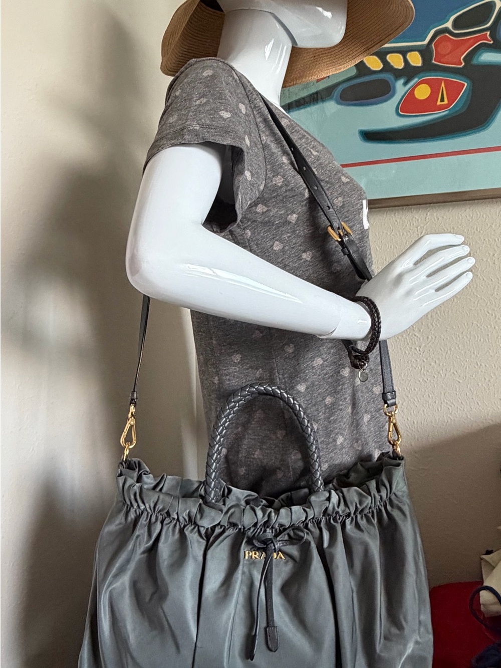 Gray Prada Tessuto with Gathered Nylon Details and Braided Handle